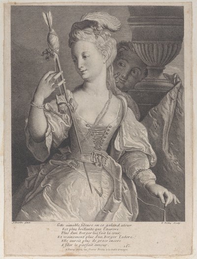 Młoda kobieta przędząca nić do strzały, 1686-1741. autorstwa François de Poilly