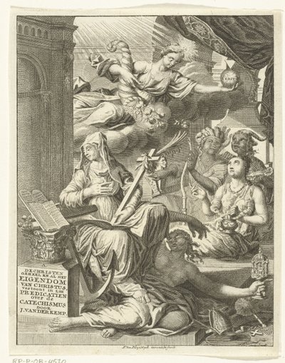 Alegoria z kobiecymi personifikacjami m.in. prawdy oraz cnót i wad Strona tytułowa: Johannes van der Kemp, Chrześcijanin w życiu i śmierci całkowicie należący do Chrystusa, przedstawia w 53 kazaniach o Świętym autorstwa François van Bleyswijck