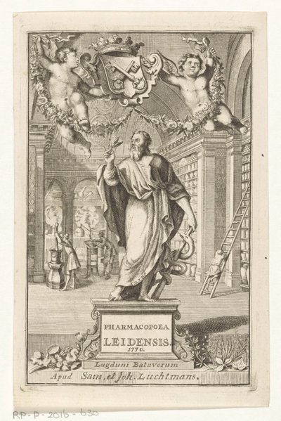 Asklepios Titelpagina voor: S.n., Farmakopea Leiden, ustanowiona władzą największych sędziów, 1770 autorstwa François van Bleyswijck