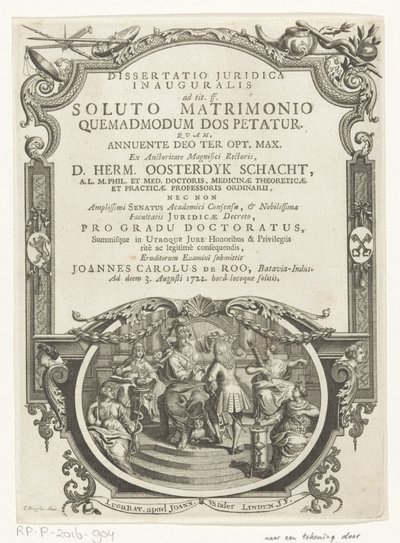 Minerva lauwert schrijver Titelpagina voor: Johannes Carolus de Roo, Dissertatio juridica inauguralis, ad tit. ff. po rozwiązaniu małżeństwa, jak prosi się o posag, 1722 autorstwa François van Bleyswijck