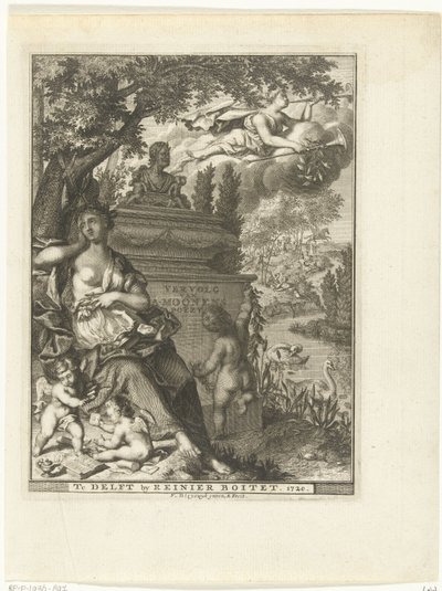 Muza i putta siedzą przy grobie poety Arnolda Moonena Strona tytułowa dla: Arnold Moonen, Continued der poëzye, Delft 1720 Kontynuacja A. Moonens Poezy (tytuł na obiekcie) autorstwa François van Bleyswijck