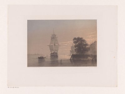 Żaglowce przy nabrzeżu o zachodzie słońca autorstwa Frans Arnold Breuhaus de Groot