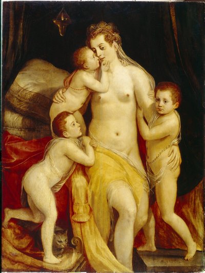 Alegoria Miłosierdzia. Troje dzieci z wyrazem współczucia czule zbliża się do matki o smutnej twarzy, aby ją pocieszyć. Obraz Fransa Florisa pachwiny (1519-1570), olej na drewnie. sztuka holenderska autorstwa Frans Floris