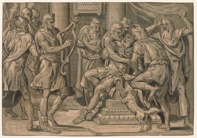 Dawid grający na harfie przed Saulem, 1555. autorstwa Frans Floris