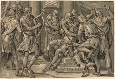 Dawid grający na harfie przed Saulem autorstwa Frans Floris I