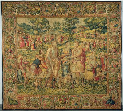 Król Abimelech przywraca Sarę jej mężowi, Abrahamowi, 1580 (splot gobelinu, wełna i jedwab) autorstwa Frans Geubels