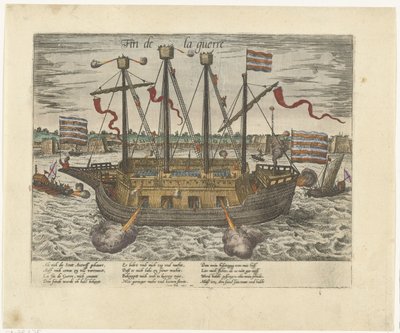 Statek Fin de la guerre, 1585 Fin de la guerre (tytuł na obiekcie) Seria 9: Wydarzenia holenderskie i niemieckie, 1583-1587 (tytuł serii) autorstwa Frans Hogenberg