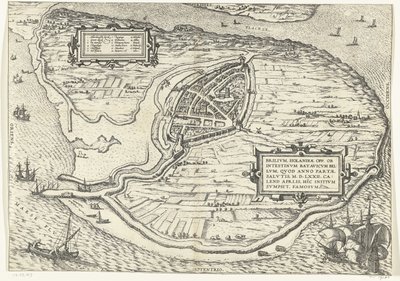 Kaart van het eiland Voorne en plattegrond van Brielle, 1572 Brillium, Holandia op. z powodu morderczej wojny holenderskiej, która w roku zwycięstwa Zbawienia w 72 r. n.e w upale kwietnia zaczął tutaj, sławny (tytuł na obiekcie) autorstwa Frans Hogenberg