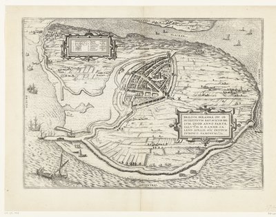 Kaart van het eiland Voorne en plattegrond van Brielle, 1572 Brillium, Holandia op. z powodu morderczej wojny holenderskiej, która w roku zwycięstwa Zbawienia w 72 r. n.e w upale kwietnia zaczął tutaj, sławny (tytuł na obiekcie) autorstwa Frans Hogenberg
