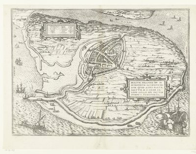 Kaart van het eiland Voorne en plattegrond van Brielle, 1572 Brillium, Holandia op. z powodu morderczej wojny holenderskiej, która w roku zwycięstwa Zbawienia w 72 r. n.e w upale kwietnia zaczął tutaj, sławny (tytuł na obiekcie) autorstwa Frans Hogenberg