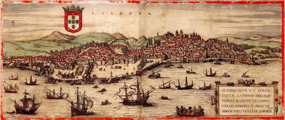 Widok na Lizbonę i rzekę Tag Z: Mapa świata, 1572 autorstwa Frans Hogenberg