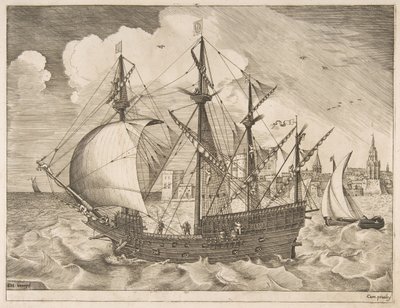 Uzbrojony czteromasztowiec wypływający na morze z żaglowców, ok. godz. 1555-56. autorstwa Frans Huys