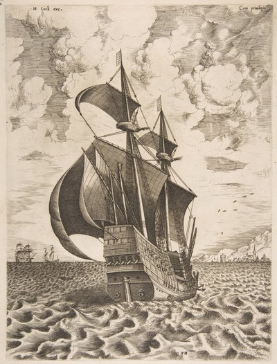 Uzbrojony czteromasztowiec płynący w kierunku portu z żaglowców, 1561-65. autorstwa Frans Huys