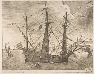 Uzbrojony trójmistrz zakotwiczony w pobliżu miasta z żaglowców, ca. 1555-56. autorstwa Frans Huys