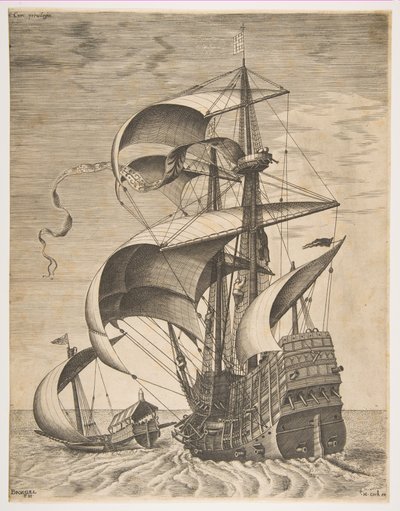 Uzbrojony trójmistrz na otwartym morzu w towarzystwie kuchni, z serii Żaglowce..., 1561-65. autorstwa Frans Huys