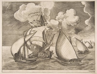 Flota galer eskortowana przez karawelę z żaglowców, 1561-65. autorstwa Frans Huys