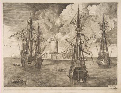 Czterech panów po lewej i dwóch trzech panów zakotwiczone w pobliżu ufortyfikowanej wyspy ze Światłem..., 1561-65. autorstwa Frans Huys
