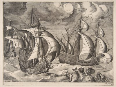 Trzy karawele podczas narastającego szkwału z Arionem na delfinie z filmu „Żaglujące statki”, 1561-65. autorstwa Frans Huys