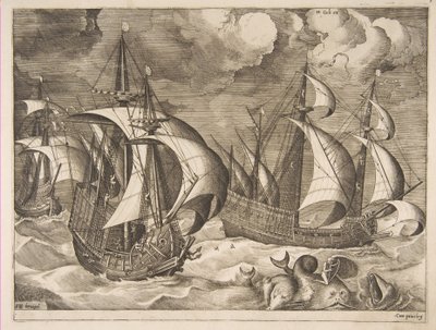 Trzy karawele podczas narastającego szkwału z Arionem na delfinie z filmu „Żaglujące statki”, 1561-65. autorstwa Frans Huys