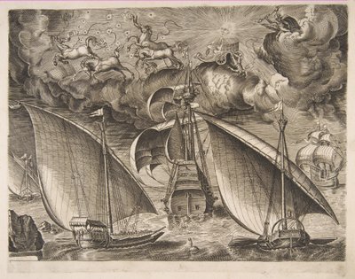 Dwie galery płynące za uzbrojonym trójmistrzem z Faetonem i Jowiszem na niebie, f..., 1561-65. autorstwa Frans Huys