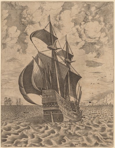 Uzbrojony czteromistrz płynący w kierunku portu autorstwa Frans Huys after Pieter Bruegel the Elder