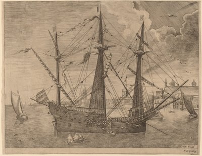 Uzbrojony trójmistrz zakotwiczony w pobliżu miasta autorstwa Frans Huys after Pieter Bruegel the Elder
