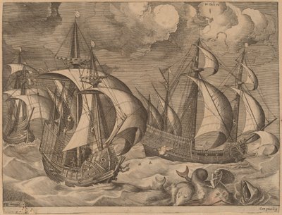 Trzy karawele podczas narastającego szkwału z Adrionem na delfinie autorstwa Frans Huys after Pieter Bruegel the Elder