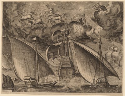 Dwie galery za uzbrojonym trójmistrzem z Phaethonem i Jowiszem na niebie autorstwa Frans Huys after Pieter Bruegel the Elder