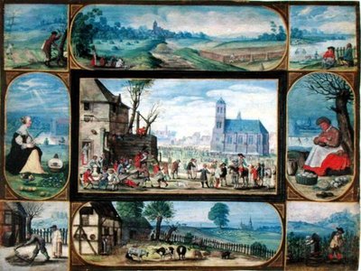 Złożony z dziesięciu alegorycznych scen z życia w mieście i na wsi (gwasz ze złotymi akcentami na welinie) autorstwa Frans II the Younger Francken