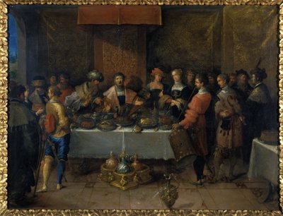 Damokles przy stole, przed 1620 (olej na miedzi) autorstwa Frans II the Younger Francken