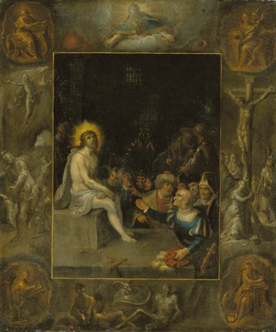 Wyśmiewanie Chrystusa, w oprawie grisaille, przedstawiające Boga Ojca, Ewangelistów, Ukrzyżowanie, Zmartwychwstanie oraz Diabła i Śmierć z wężem w koronie autorstwa Frans II the Younger Francken