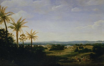 Brazylijski krajobraz z portugalską rezydencją, kościołem i Casa Granda, rzeką Varzea Beyond autorstwa Frans Post