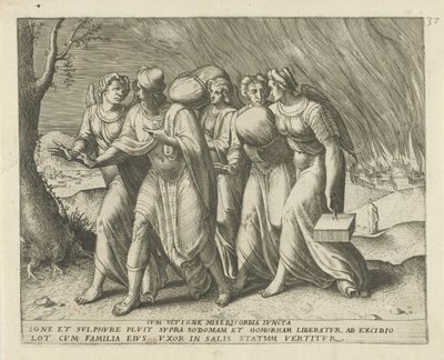Lot opuszcza Sodomę Z zemstą połączoną z miłosierdziem (tytuł na przedmiocie) Geschiedenis van Lot (tytuł serii) autorstwa Frans Menton