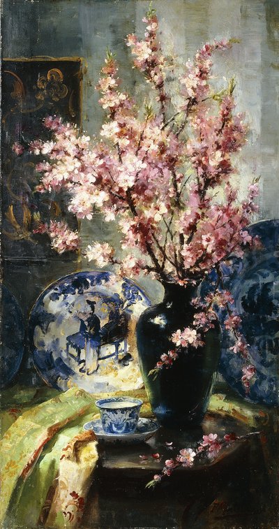 Kwiaty jabłoni i niebiesko-biała porcelana na stole autorstwa Frans Mortelmans