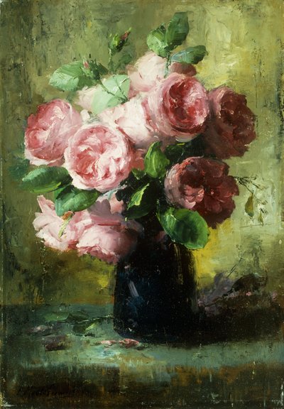 Różowe róże w wazonie autorstwa Frans Mortelmans