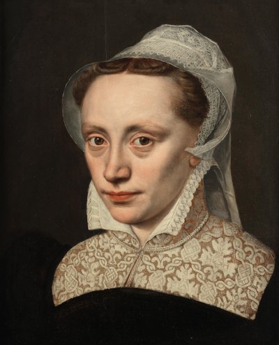 Portret damy, długość do biustu, w czarnym kostiumie z białym koronkowym kołnierzem i nakryciem głowy autorstwa Frans Pourbus the Elder