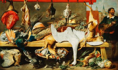 Stoisko rzeźnika z bawiącymi się kotami i kociętami oraz rzeźnik trzymający głowę dzika autorstwa Frans Snyders or Snijders