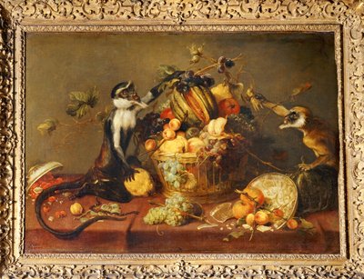 Dwie małpy napadające na kosz owoców ... autorstwa Frans Snyders