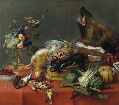 Stół zastawiony dziczyzną, owocami, warzywami i głową dzika autorstwa Frans Snyders