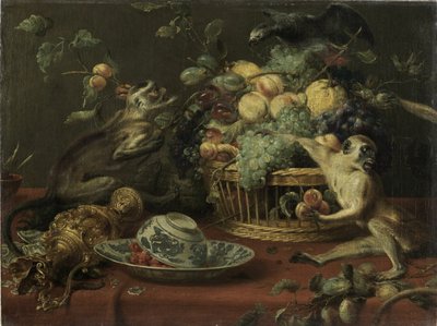 Małpy i papuga w pobliżu kosza z owocami autorstwa Frans Snyders