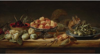 Martwa natura z brzoskwiniami w Tazzie, orzechami laskowymi na cynowym talerzu, malinami w koszyku, gruszkami i wiewiórką na stole
olej na płycie autorstwa Frans Snyders