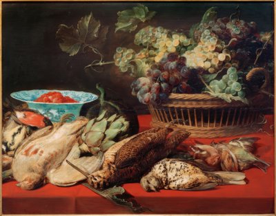 Martwa natura - kosz z winogronami, ptakami i truskawkami autorstwa Frans Snyders