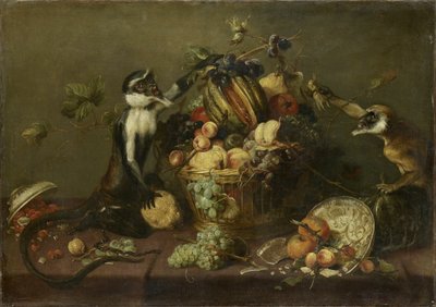 Dwie małpy napadające na kosz owoców autorstwa Frans Snyders
