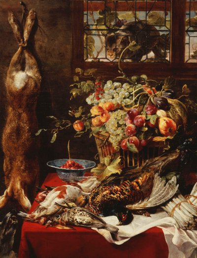 Martwa natura ze spiżarni z owocami, dziczyzną i kotem przy oknie, autorstwa Frans Snyders or Snijders