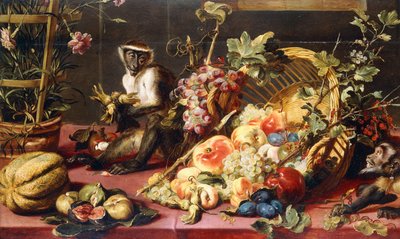 Rozlany kosz owoców na drapowanym stole z małpami, autorstwa Frans Snyders or Snijders