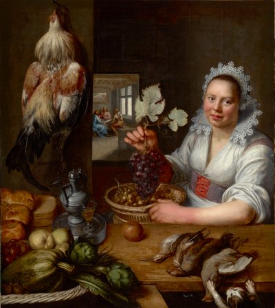 Scene de cuisine avec scene du Christ a Emmaus - Scena kuchenna z Chrystusem w Emaus, autorstwa Snydersa (Snijders), Fransa (1579-1657). Olej na płótnie, Między 1615 a 1620. Wymiar: 114,5x102 cm. Muzeul National Brukenthal, Sybin autorstwa Frans Snyders or Snijders