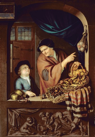Sprzedawca kasztanów i kipperów, 1722 (olej na dębie) autorstwa Frans van Mieris