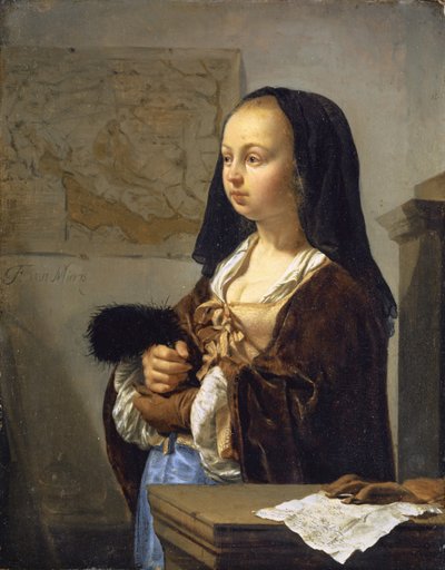 Młoda kobieta z wachlarzem z piór gotowa do wyjścia, 1657-59 autorstwa Frans van Mieris