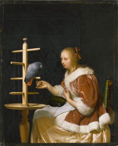 Młoda kobieta karmiąca papugę, 1663. autorstwa Frans van Mieris the Elder