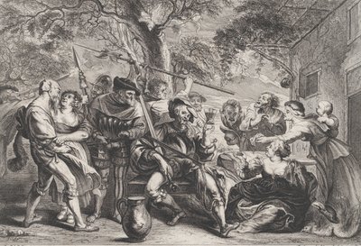 Don Kichot i oddziały La Santa Hermandad przed tawerną, ca. 1635-79. autorstwa Frans van den Wyngaerde